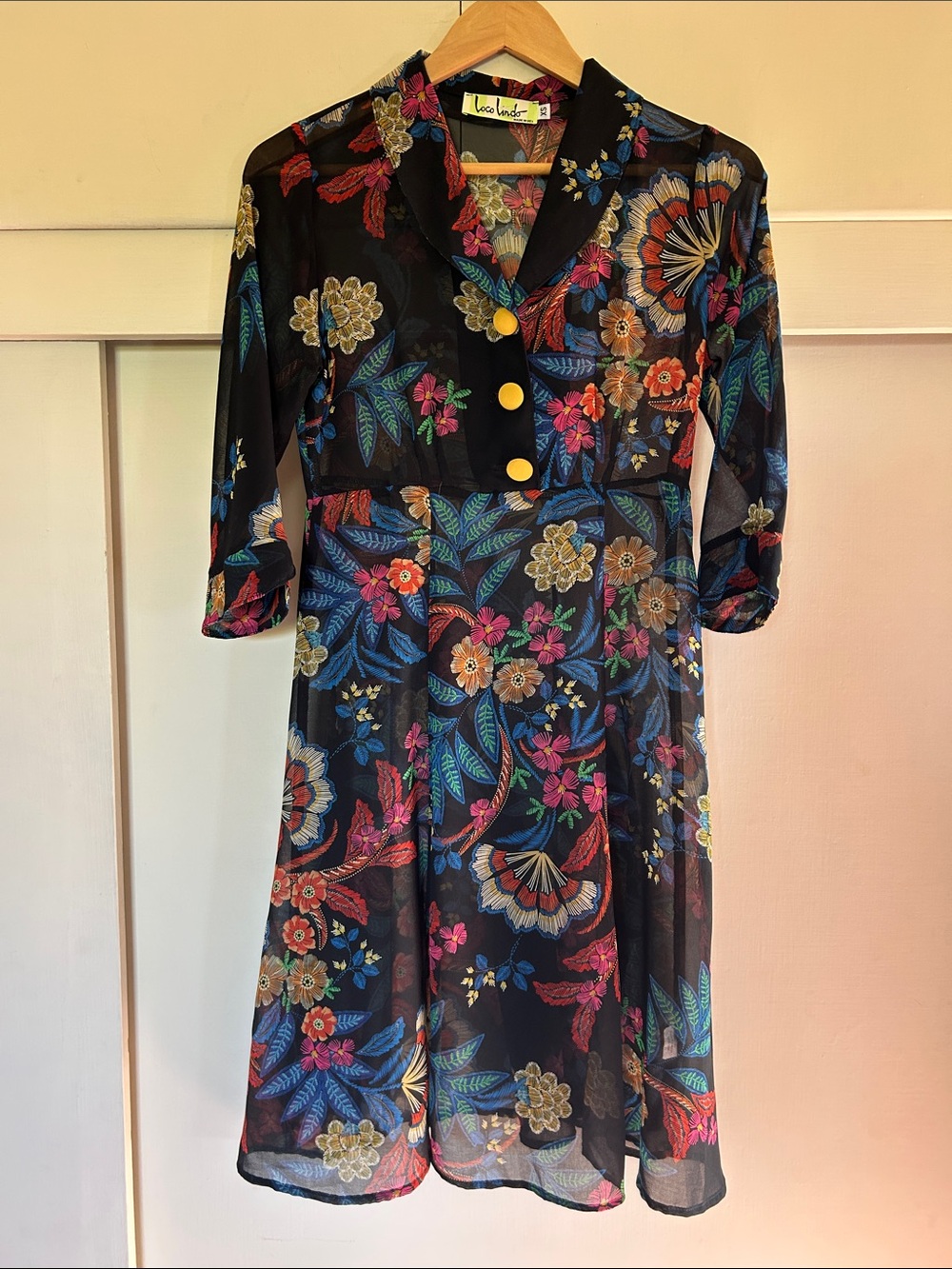 Loco Lindo Black Sheer Floral Day Dress Half Sleeve XS NWOT!